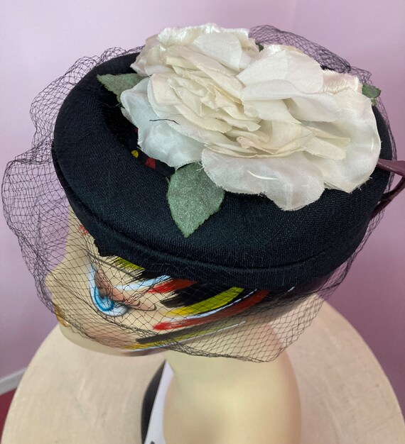 Vintage 50s Black Veiled Hat with Large Ivory Ros… - image 3