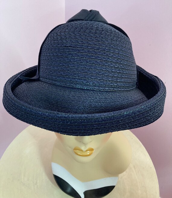 Vintage 60s Navy Blue Straw Bucket Hat with Ribbo… - image 7