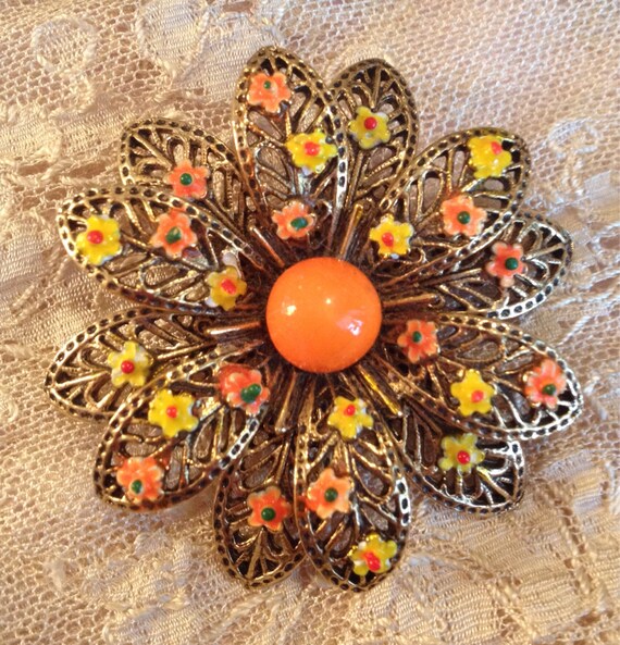 Vintage 1960s Mod Orange and Yellow Flowers Brooc… - image 2