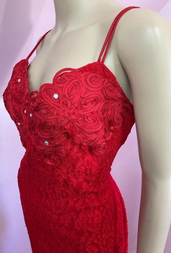 Sexy 80s Red Lace Dress with Rhinestones & Appliq… - image 8