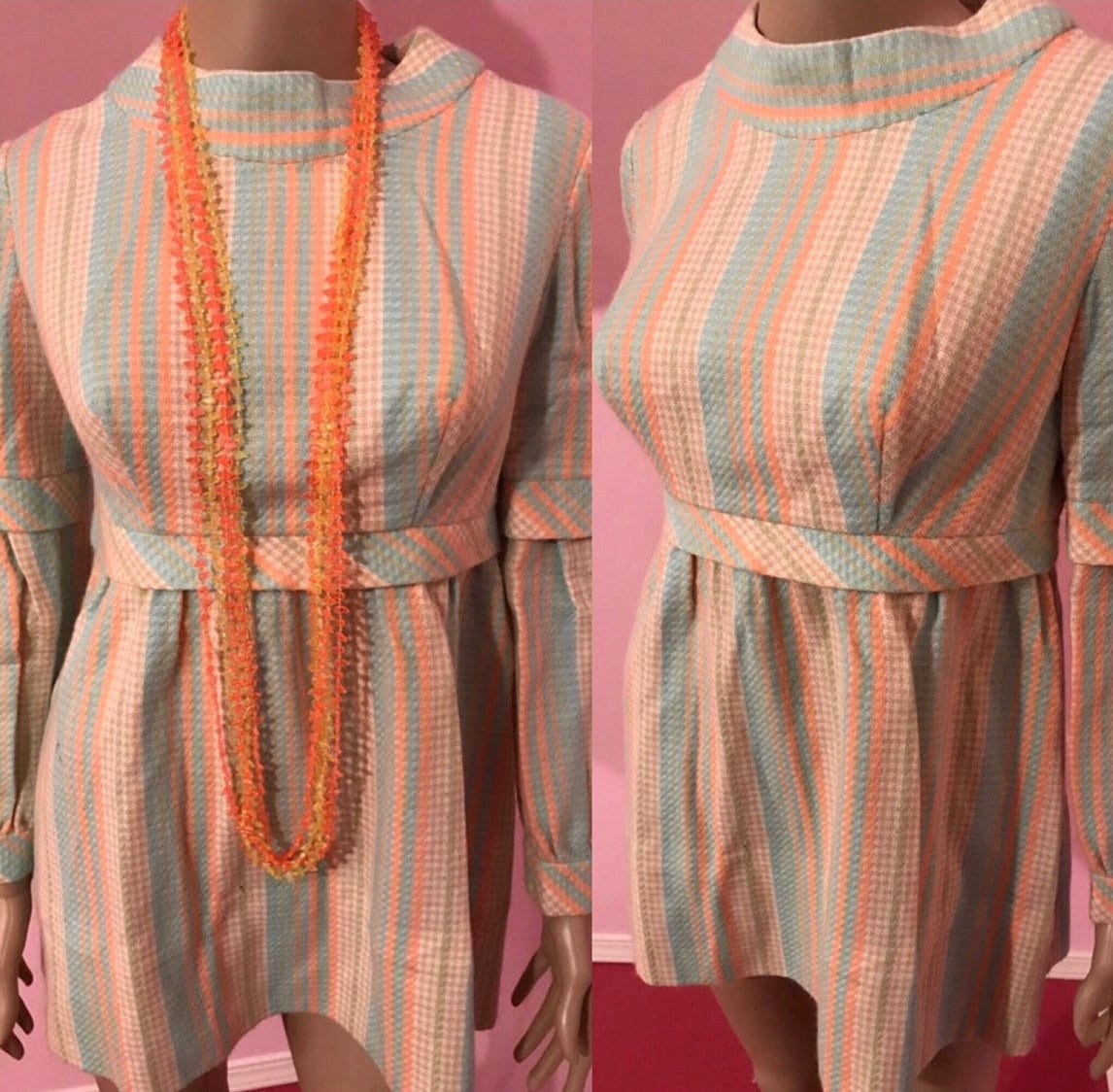 60s -70s Jewelry – Necklaces, Earrings, Rings, Bracelets Vintage 1960S Micro Mini Dress. Light Aqua, Peach, Green, Camel  White Striped Plaid. SmallMed $42.00 AT vintagedancer.com