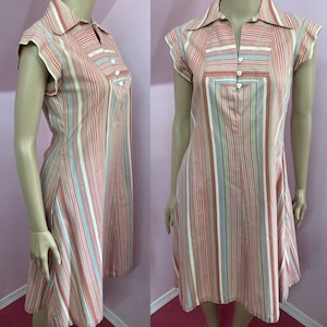Vintage 70s Striped A-Line Dress with Pockets. Brown, White & Aqua and Green Striped Dress. Capped Sleeve Dress XS/S