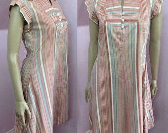 Vintage 70s Striped A-Line Dress with Pockets. Brown, White & Aqua and Green Striped Dress. Capped Sleeve Dress XS/S