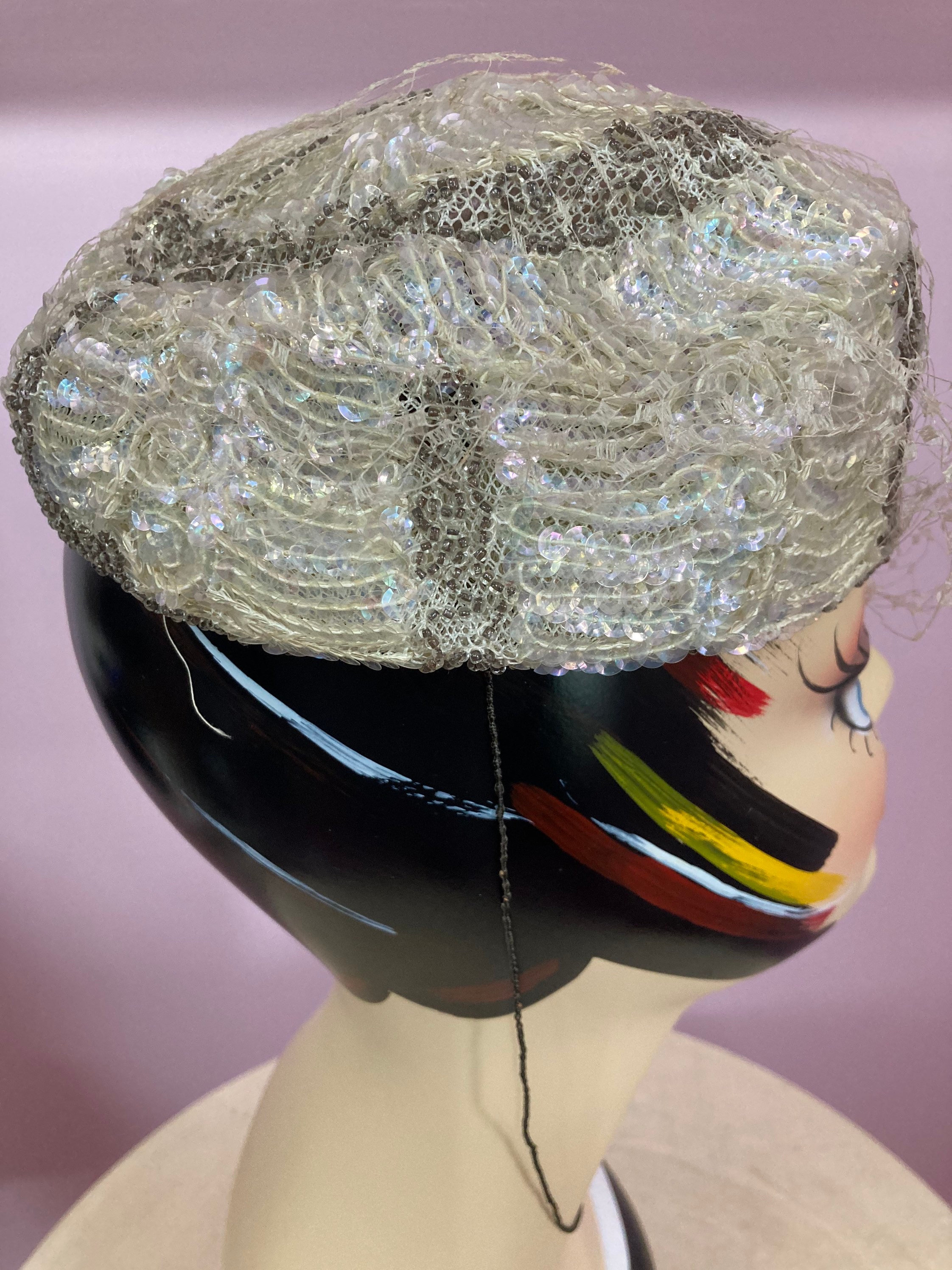 DESIGNER 1950s\' IRIDESCENT SEQUIN AND BEADS COCKTAIL HAT Vintage 1950s Cocktail Hat Beaded w Pearls and Rhinestones  main image 2