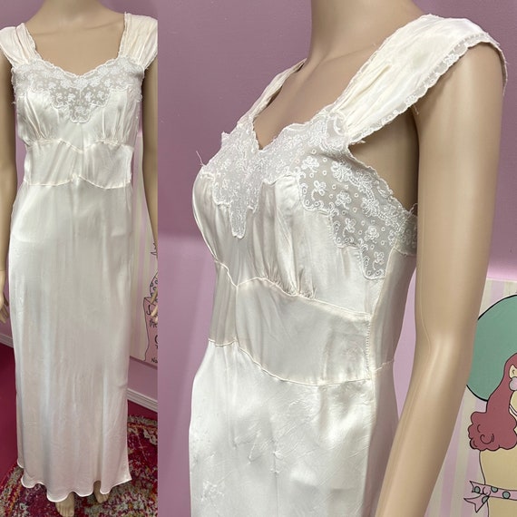 Vintage 40s Ivory Rayon Satin Nightgown with Lace… - image 1
