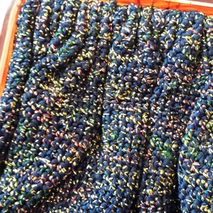May include: Close-up of a vintage navy blue clutch purse with a textured, woven design. The fabric is interwoven with threads of gold, pink, and green, creating a shimmering effect. The purse has a clear, rectangular frame.