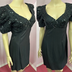 Vintage 80s Black Sequined Party Dress. Short Sleeved 80s Evening Dress with Sequined Bodice & Puffed Sleeves. Small
