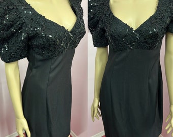 Vintage 80s Black Sequined Party Dress. Short Sleeved 80s Evening Dress with Sequined Bodice & Puffed Sleeves. Small