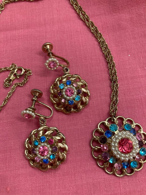 Vintage 40s Necklace & Earrings Set. Rhinestone F… - image 1