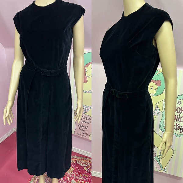 Vintage 50s Henry Rosenfeld Original Dress /Charles F Berg. 1950s Black Velvet Sleeveless Dress with Button Down Back & Matching Belt. Small