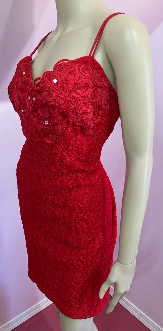 Sexy 80s Red Lace Dress with Rhinestones & Appliq… - image 7