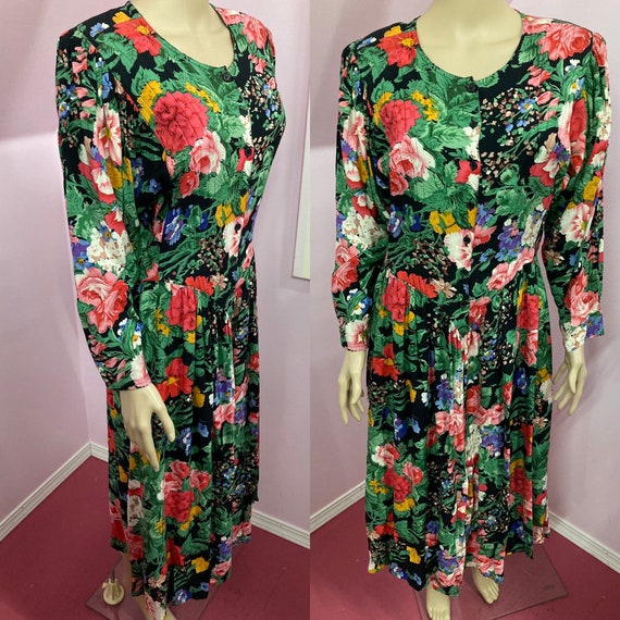 Vintage 90s Starina Rayon Black Floral Dress. Ind… - image 1