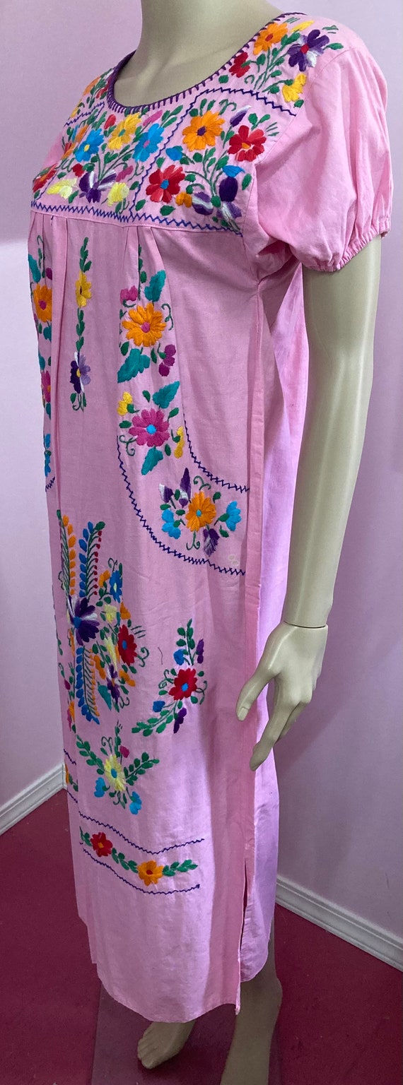 Vintage 70s Pink Cotton Embroidered Mexican Dress. - image 6