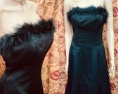 Vintage 90s Black Marabou Satin Gown. Long Black Strapless Evening Dress with Marabou Trim.