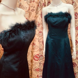 Vintage 90s Black Marabou & Satin Gown. Long Black Strapless Evening Dress with Marabou Trim.