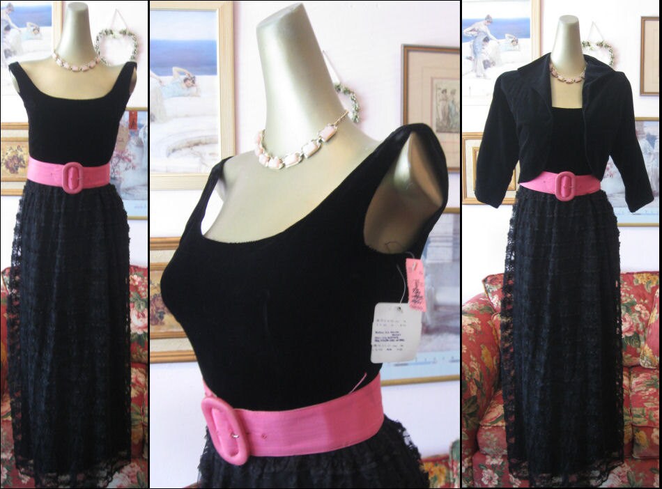 60s -70s Jewelry – Necklaces, Earrings, Rings, Bracelets Vintage 60S Dress Set. 1960S Black Velvet Dress. Jacket.  Lace Maxi Long Dress.sleeveless Dress.bolero Jacket.pink Bel $125.00 AT vintagedancer.com