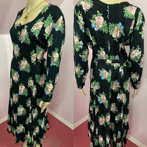 Vintage 90s Black Floral Dress. 90s Starina Rayon… - image 1