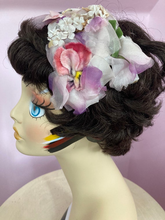 Vintage 50s Pink Pansy Whimsy Headband Hat. Fancy… - image 1