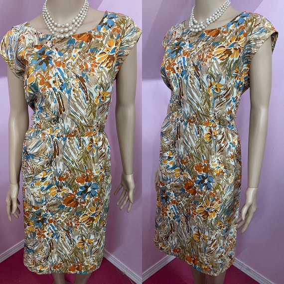 Vintage 60s Brown Floral Dress. 60s Sleeveless Dr… - image 1