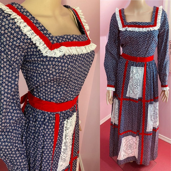 Vintage 70s Prairie Dress. Red, White & Blue Dres… - image 1
