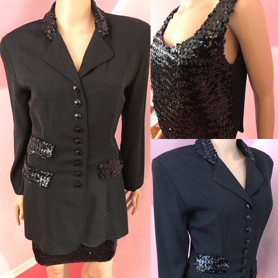 Vintage 80s Sequined Jacket & Top Set.Black Sequin