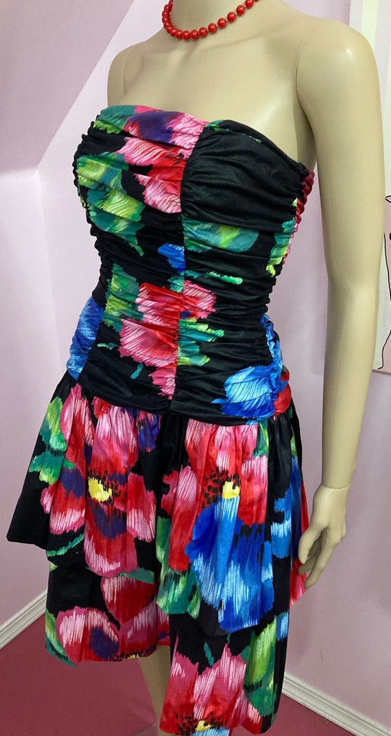 Vintage 80s Black Floral Strapless Dress. Poppy D… - image 5