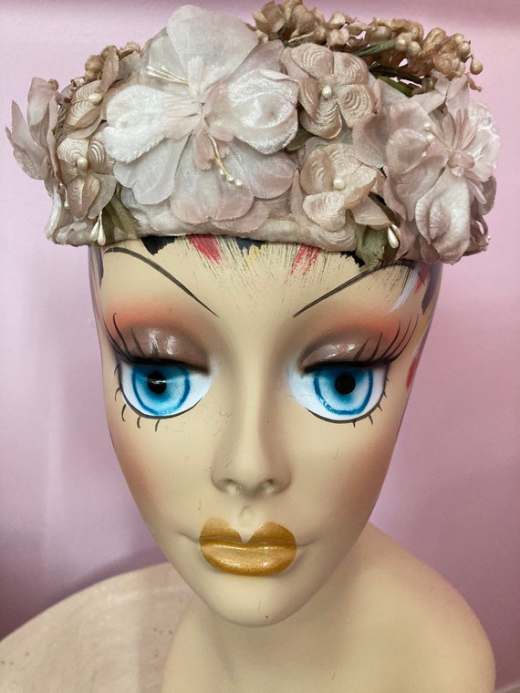 Vintage 50s Mocha Floral Pillbox Hat. - Etsy display picture 2