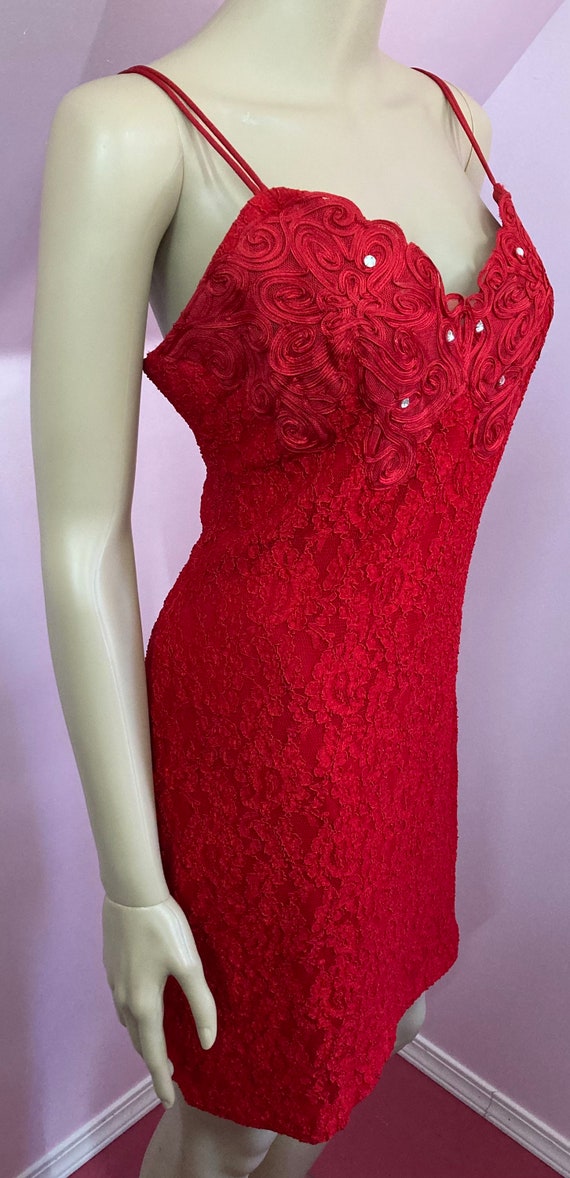 Sexy 80s Red Lace Dress with Rhinestones & Appliq… - image 5