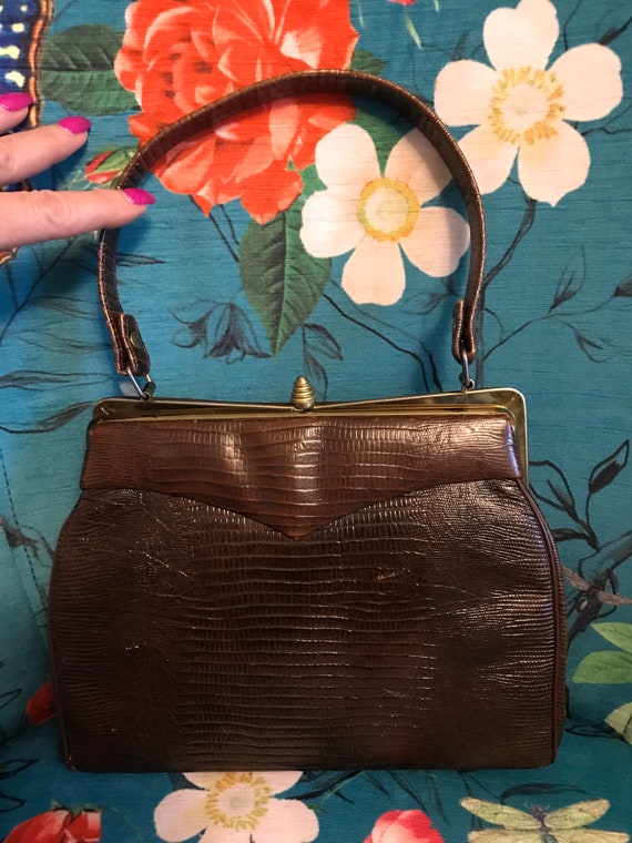 Vintage 1950s Reptile Handbag. Brown 50s Reptile P