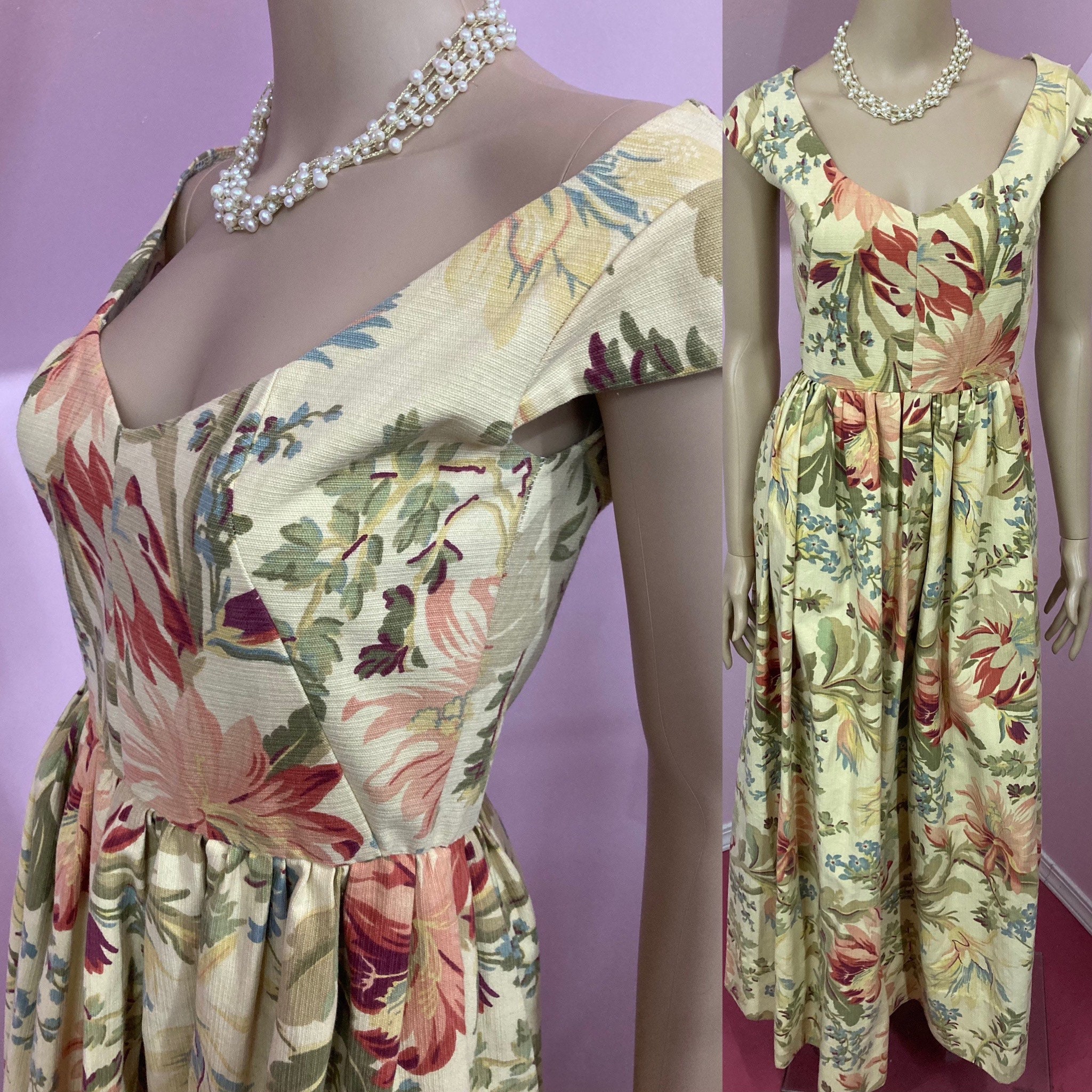 Vintage 80s Barkcloth Floral Dress. Cottage Core Dress. Long
