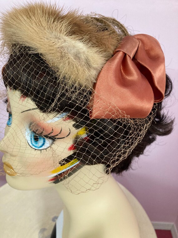 Vintage 50s Brown Mink Hat With Veil & Copper Satin Bows  display picture 1