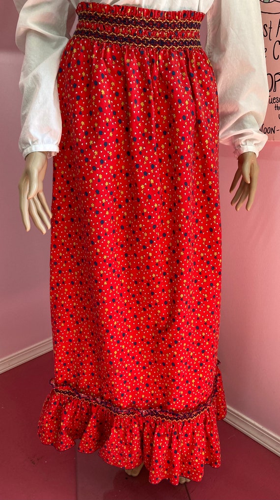 Vintage 70s Red Calico Print Long Skirt. Cottagec… - image 3