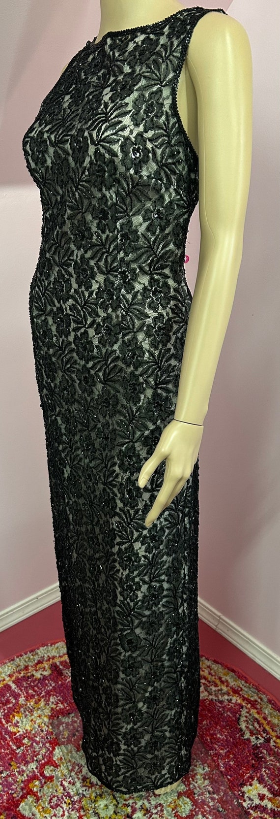 Vintage 80s Does 1960s Black Lace Beaded Sleevele… - image 5