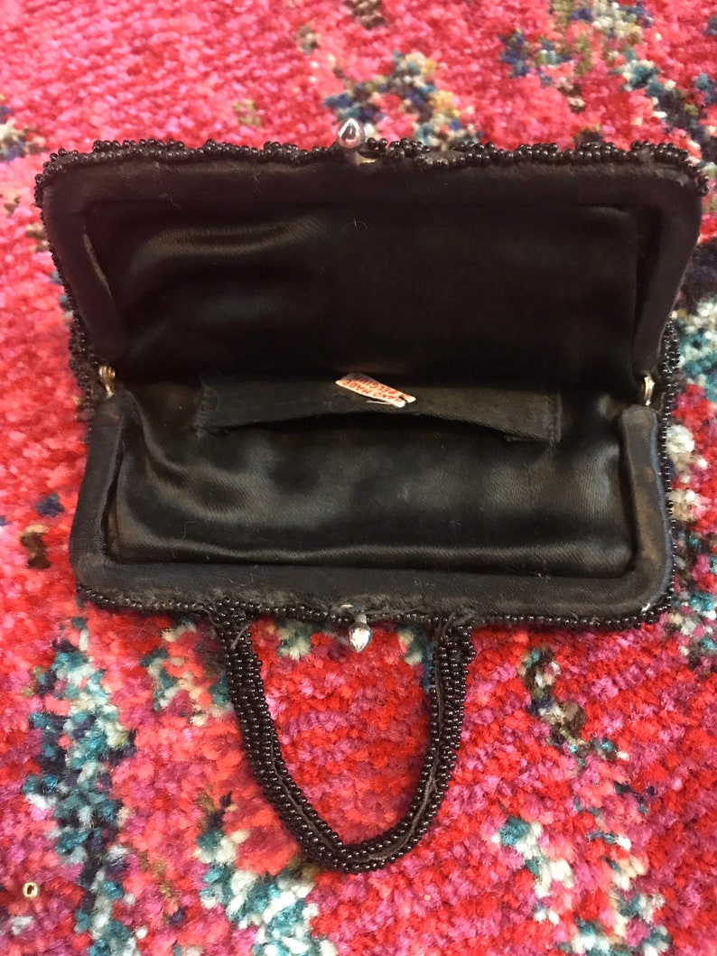 Vintage 1930s Black Beaded Purse. 30s Beaded Purse.Silk Beaded Purse.30s Finger Strap Handbag image 5