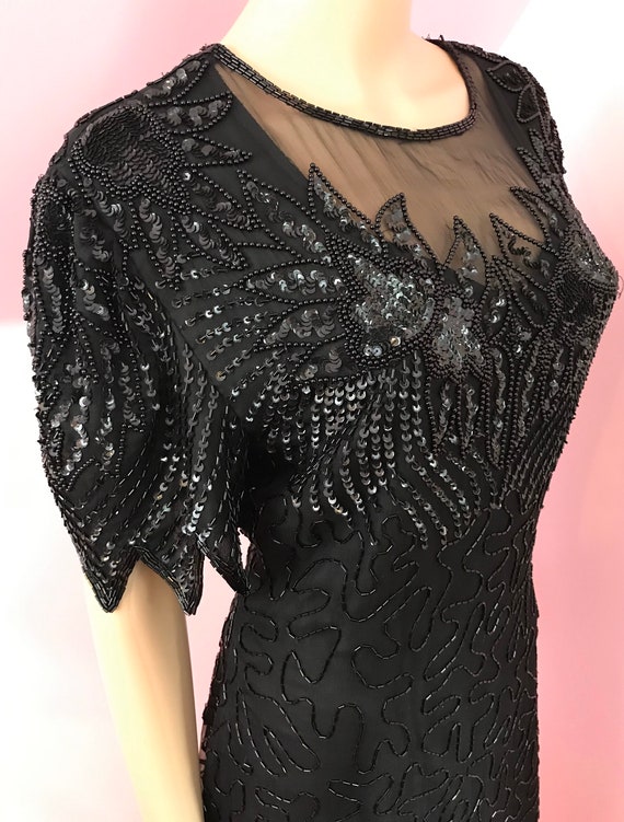 Vintage 80s Silk Beaded Dress.80s Black Beaded Se… - image 5