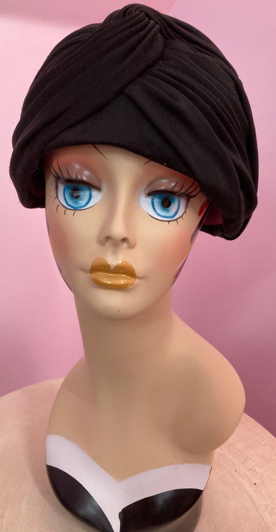 Vintage 60s Ladies Black Hostess Turban Hat/ Nylon