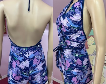 Vintage 70s Blue & Purple Cotton Halter Style Wrap Around Romper by Wild Lilly S/M