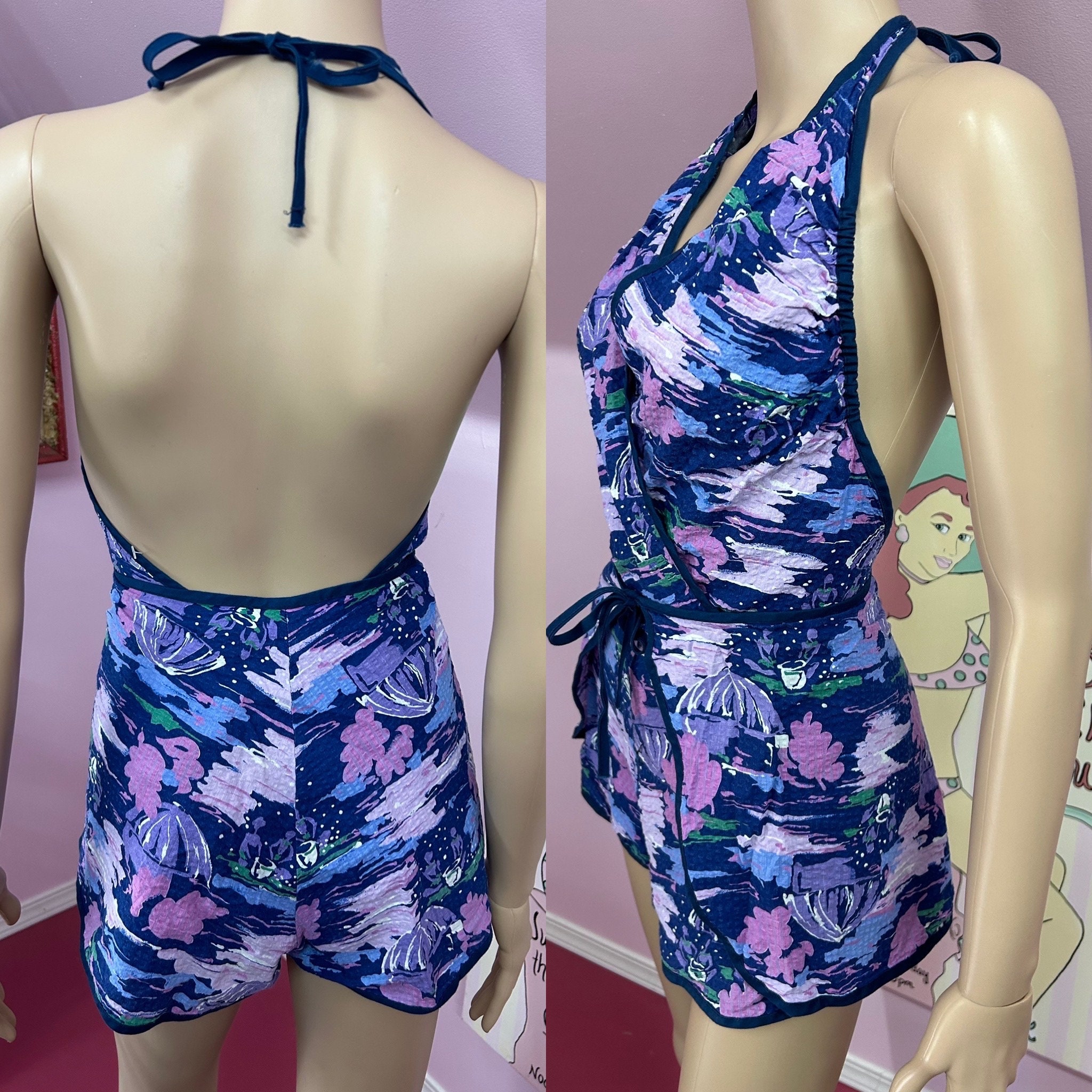 Vintage 70er-Jahre-Strampler im Neckholder-Stil aus Baumwolle in Blau und Lila von Wild Lilly S/M