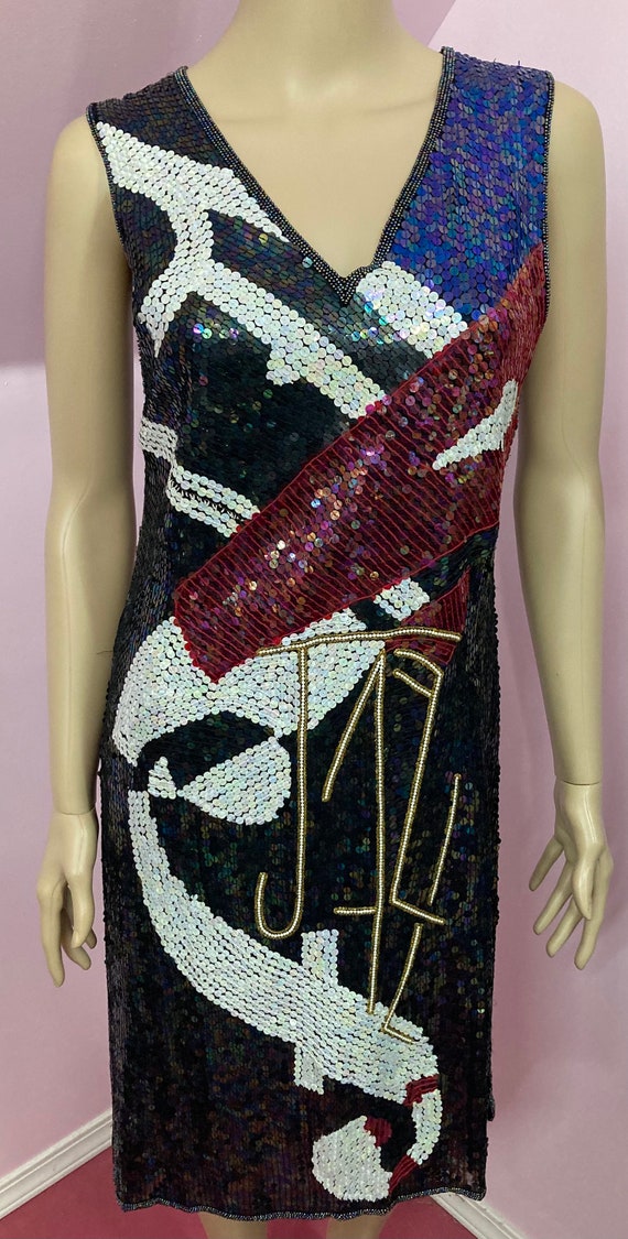 Vintage 80s Beaded Jazz Dress. 20s Style Bead Dre… - image 2