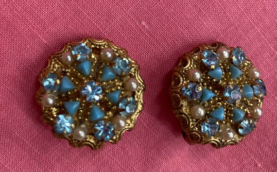 Vintage 30s Blue Rhinestone Clip-on Earrings with… - image 1