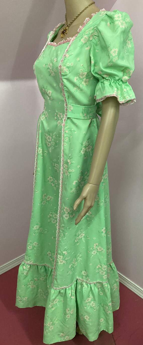 Vintage 70s Green & Pink Floral Maxi Dress. Cotta… - image 7