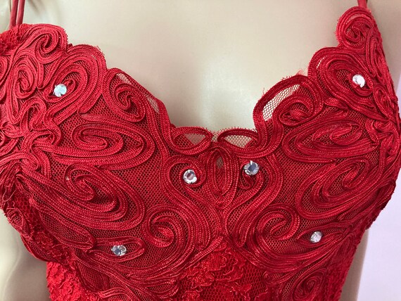 Sexy 80s Red Lace Dress with Rhinestones & Appliq… - image 4
