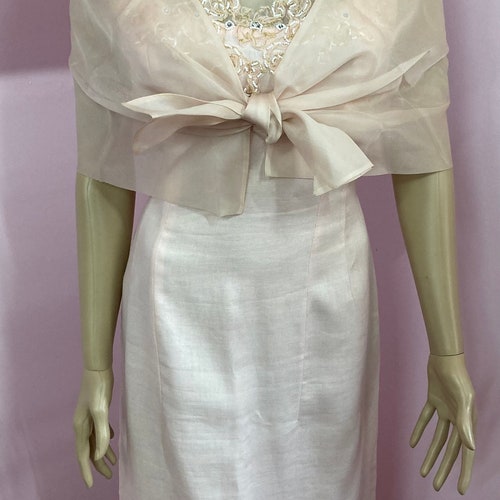 Vintage 50s Pink Cotton Linen Sleeveless Dress with Sheer Organza Beaded & Rhinestoned Bodice with Organza shops Shawl