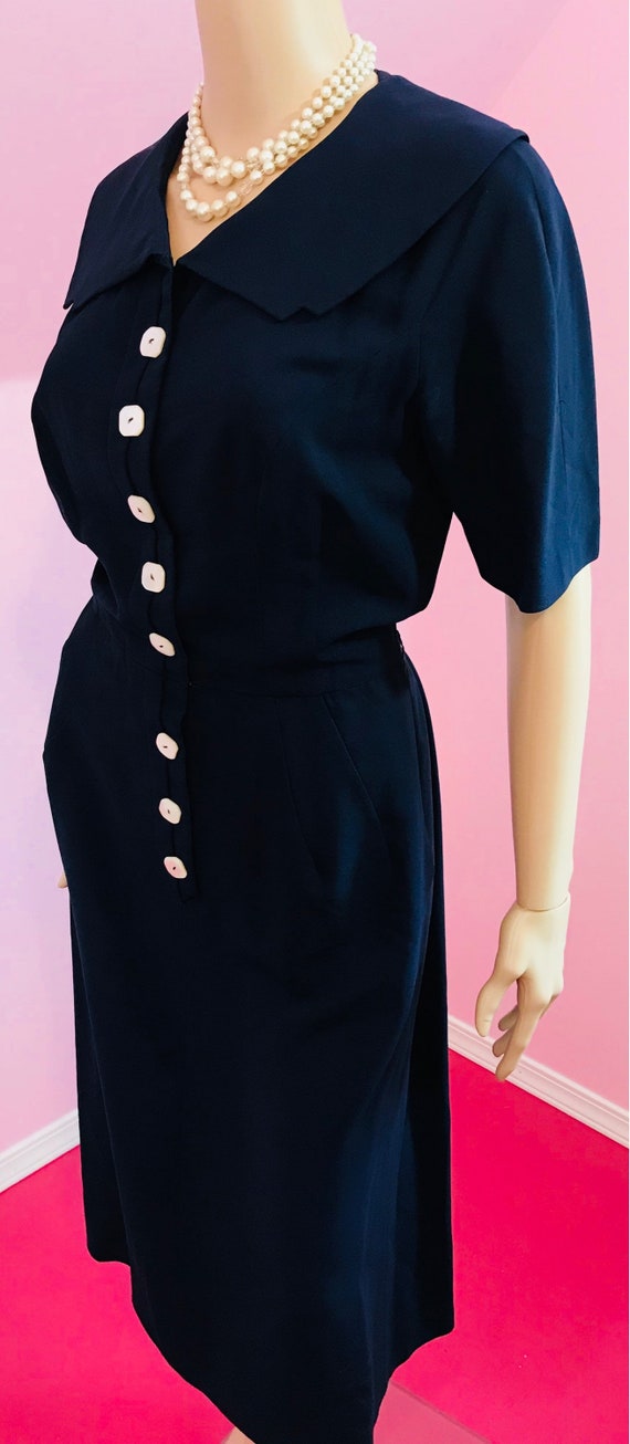 Vintage 1950s Navy Blue Rayon Dress by John Doyle Bishop & Anna Miller. Small to Medium View 4