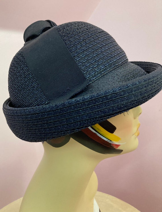 Vintage 60s Navy Blue Straw Bucket Hat with Ribbo… - image 1