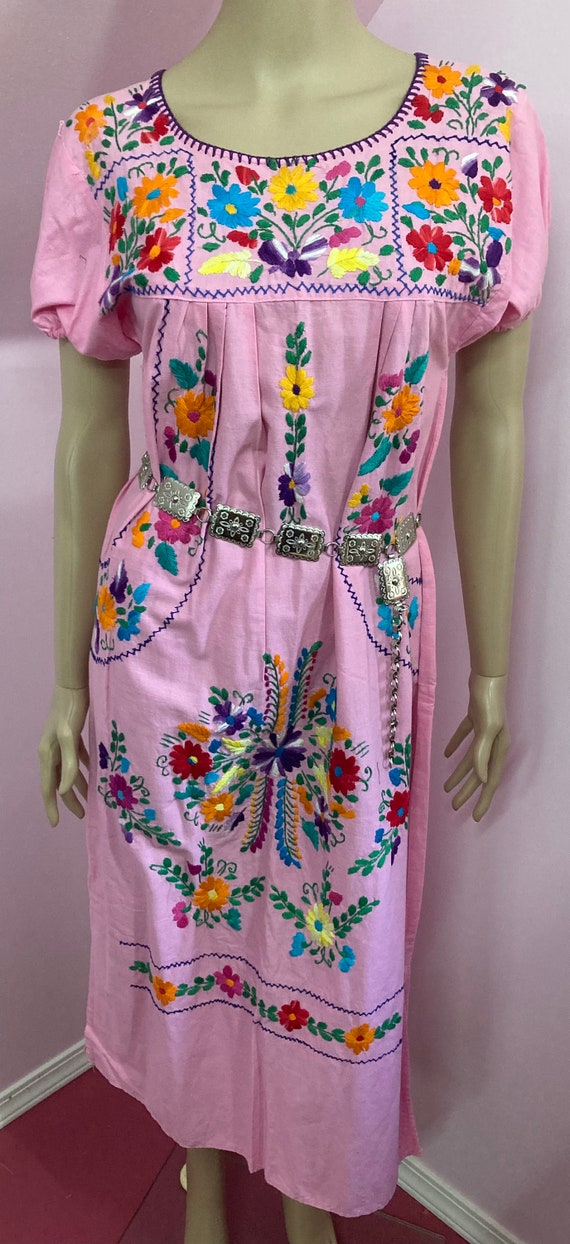 Vintage 70s Pink Cotton Embroidered Mexican Dress. - image 3