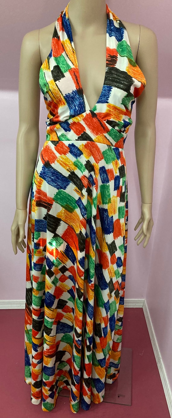 Vintage 70s Halter Maxi Dress. Bold Abstract Prin… - image 2