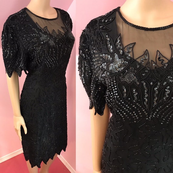 Vintage 80s Silk Beaded Dress.80s Black Beaded Se… - image 1