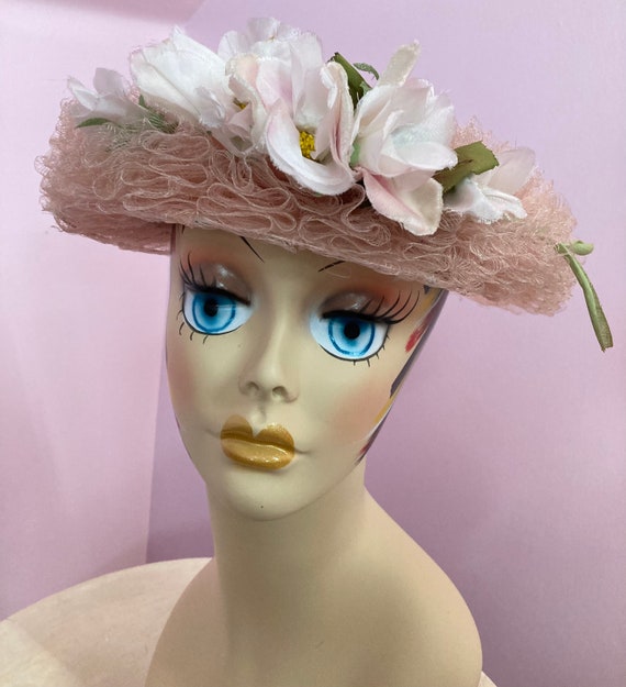 Vintage 40s Pink Halo Hat with flowers. Pink Hors… - image 2