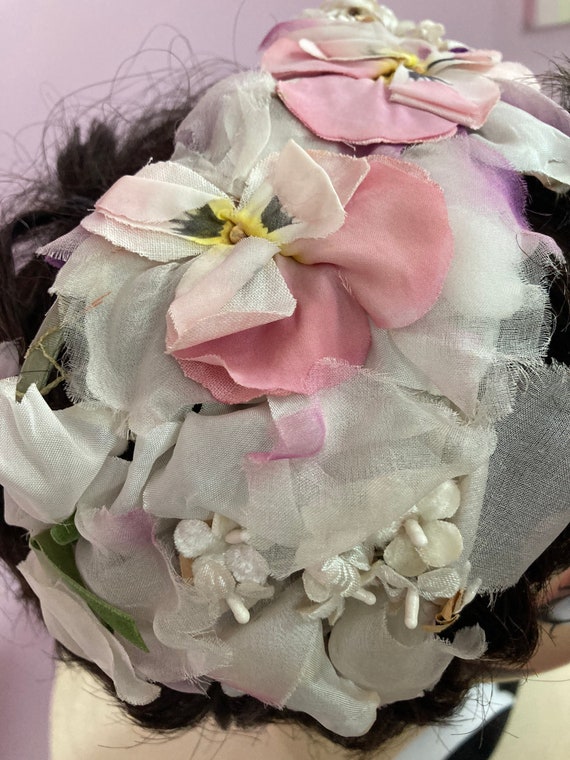 Vintage 50s Pink Pansy Whimsy Headband Hat. Fancy… - image 9